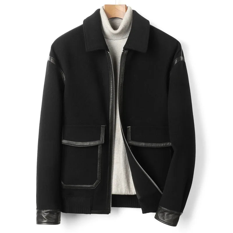 YOLANFAIRY Real Sheepskin Leather Patchwork Wool Coat for Men Autumn Trendy Short Cashmere Jacket Loose Streetwear ropa hombre