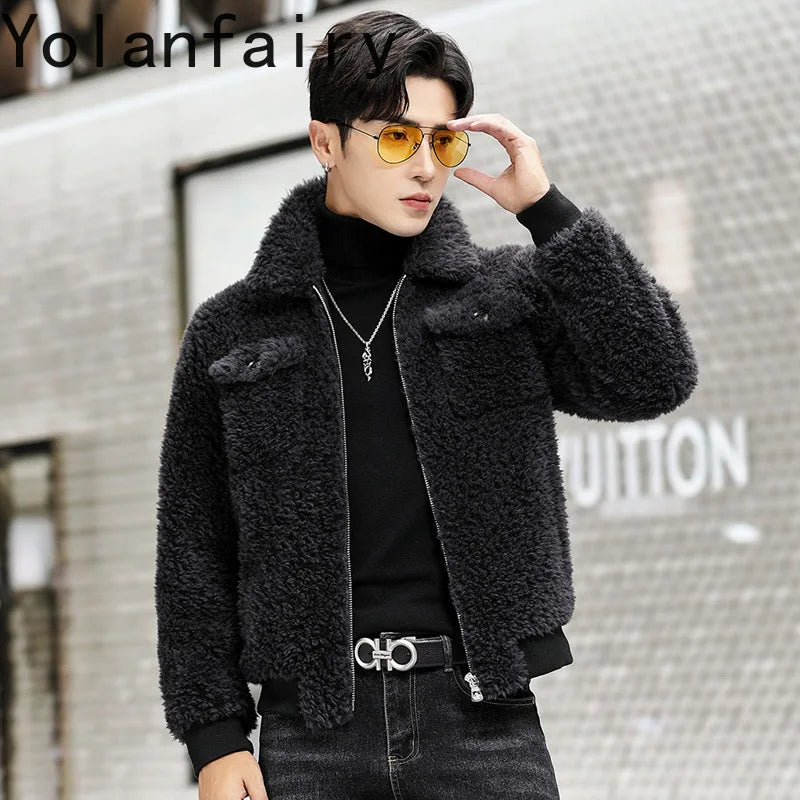 YOLANFAIRY 100% Wool Mens Real Fur Coat Winter 2024 Jackets Short Lambswool Coats Integrated Clothes Trend Top Chaquetas Hombre