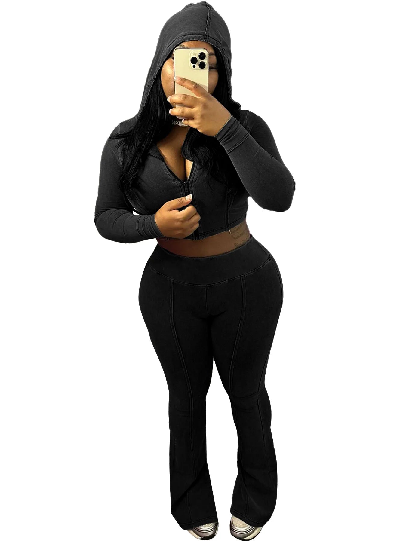 Customized LOGO women's cotton ammonia washed old hooded flared pants elastic two-piece casual suit