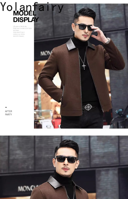 YOLANFAIRY Casual Wool Coats for Men Spring Autumn Fashion Short Woolen Coat Man Clothing Spliced Genuine Leather Mens Jacket
