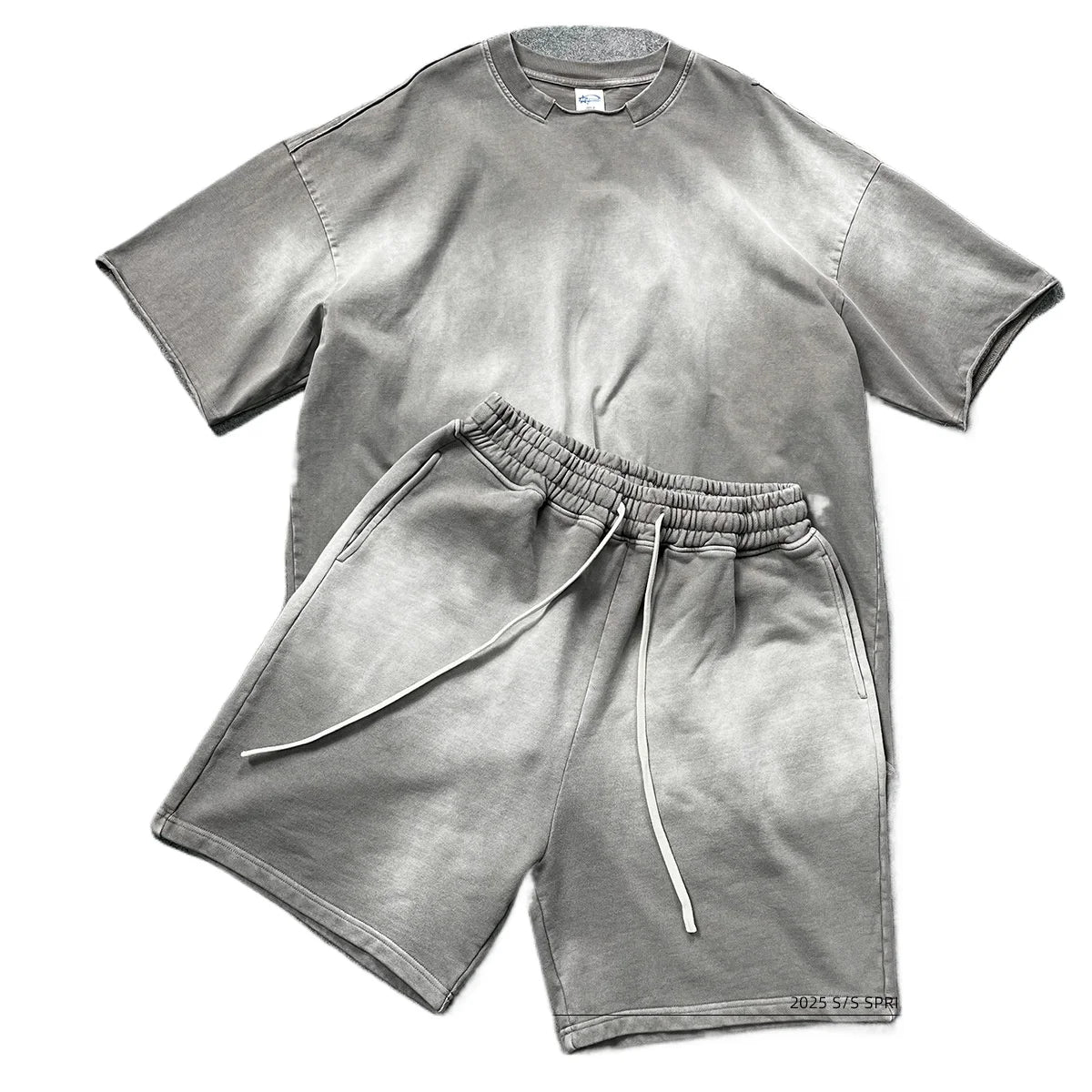 Customized LOGO men's new summer 305G heavy 100% cotton short-sleeved washing water old retro 430G shorts two-piece set
