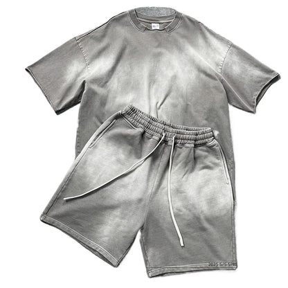 Customized LOGO men's new summer 305G heavy 100% cotton short-sleeved washing water old retro 430G shorts two-piece set