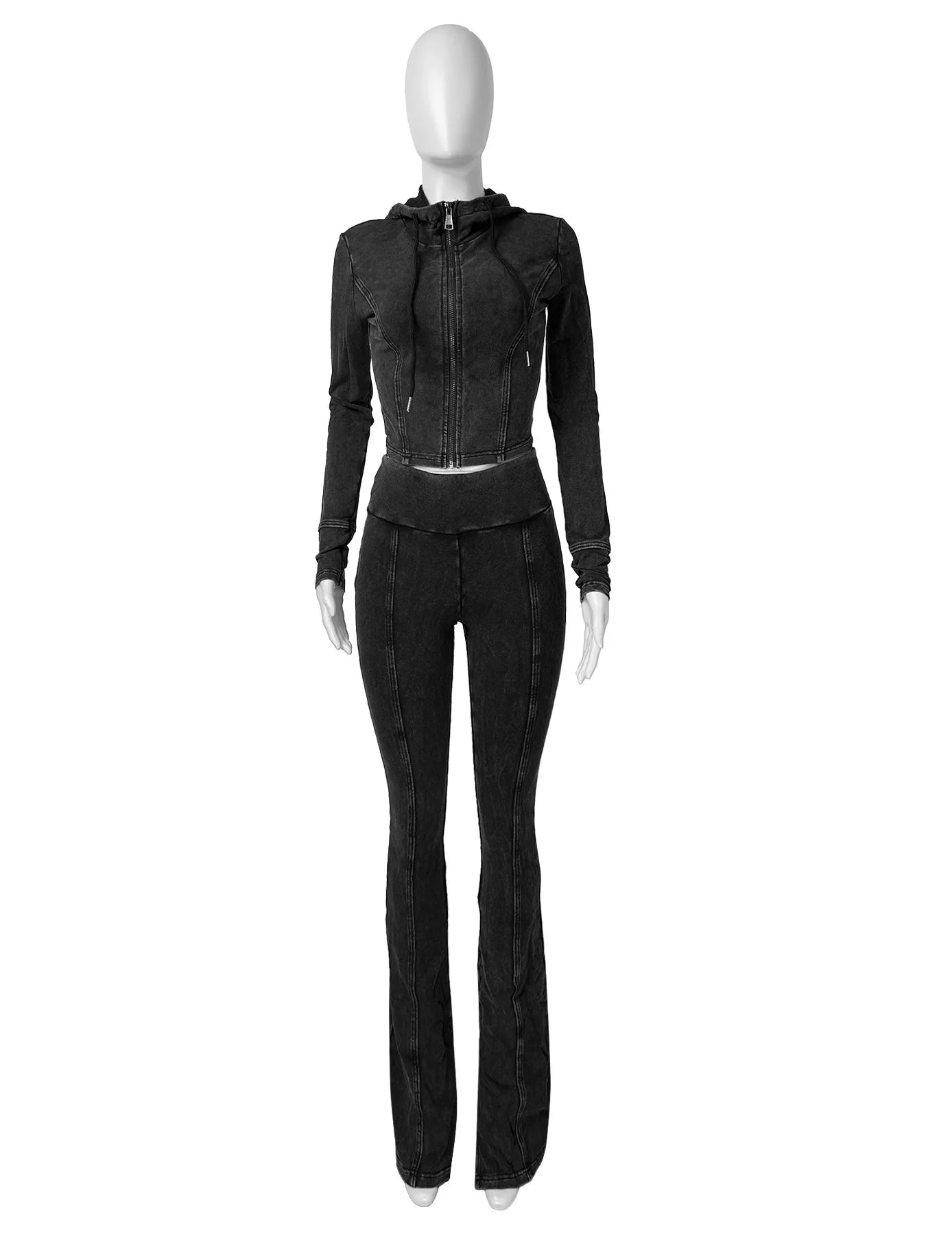 Customized LOGO women's cotton ammonia washed old hooded flared pants elastic two-piece casual suit
