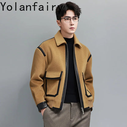 YOLANFAIRY Real Sheepskin Leather Patchwork Wool Coat for Men Autumn Trendy Short Cashmere Jacket Loose Streetwear ropa hombre