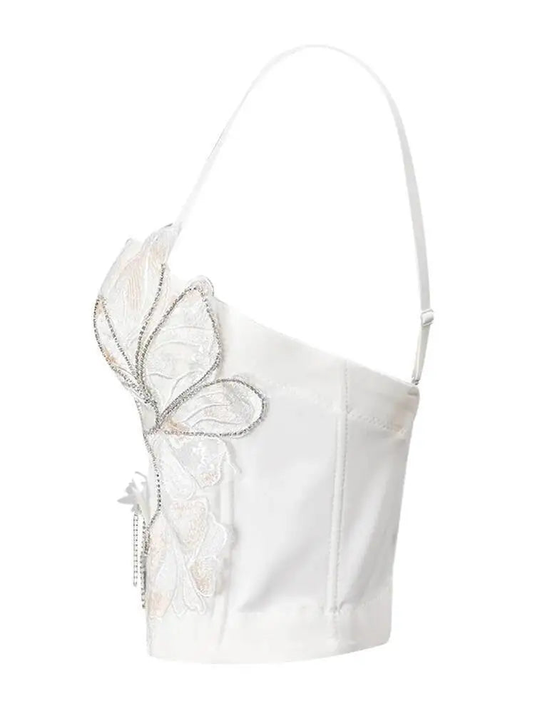 DEAT Fashion Fishbone Embroidery Lace Waist-sliming Tank Tops Women’s Pearl Embroidery Backless Sleeveless Camis Summer New