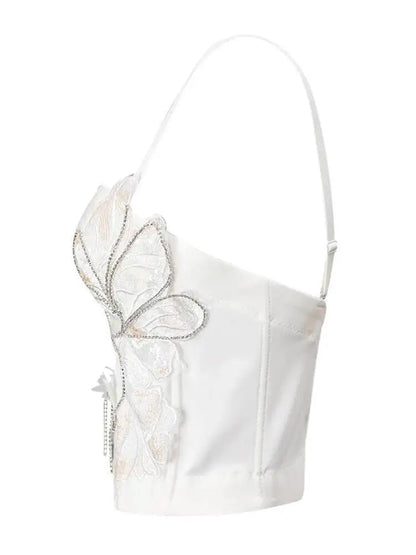 DEAT Fashion Fishbone Embroidery Lace Waist-sliming Tank Tops Women’s Pearl Embroidery Backless Sleeveless Camis Summer New