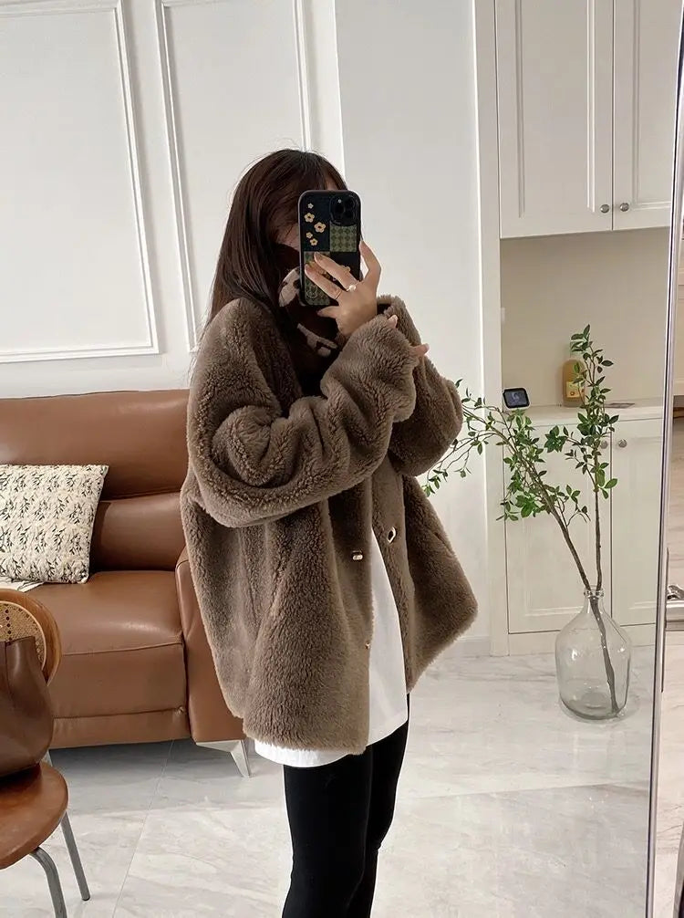 Lamb Fur Jacket for Women Pure Wool Fur Coats Particle Sheep Fleece Gold Buckle Composite Fur Integrated Women's Winter Coat FCY