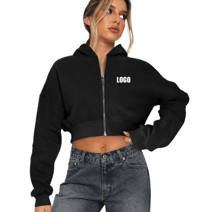 Custom LOGO women's short European and American style fashion street long-sleeved autumn and winter loose hooded sweater