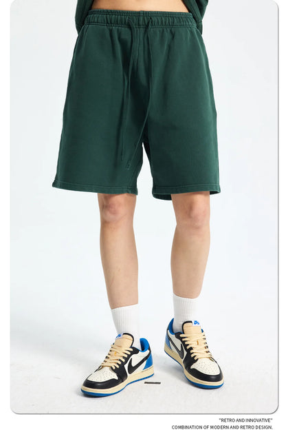 Custom LOGO men's new washed 420G European and American 100% cotton retro terry couple casual sports shorts