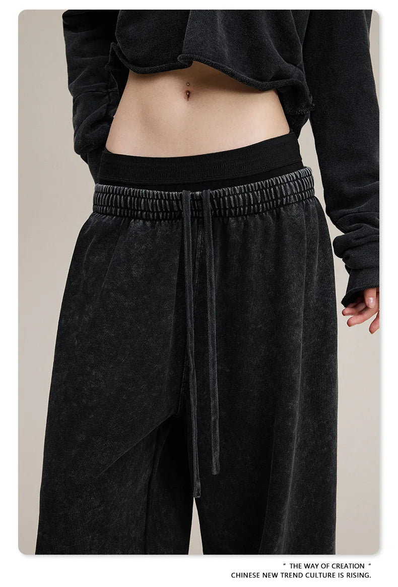 Custom LOGO Women's 2025 Spring and Autumn 370G Heavy 100% Cotton Retro Style Old and Skinny Double Waist Casual Straight Pants