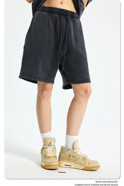 Custom LOGO men's new washed 420G European and American 100% cotton retro terry couple casual sports shorts