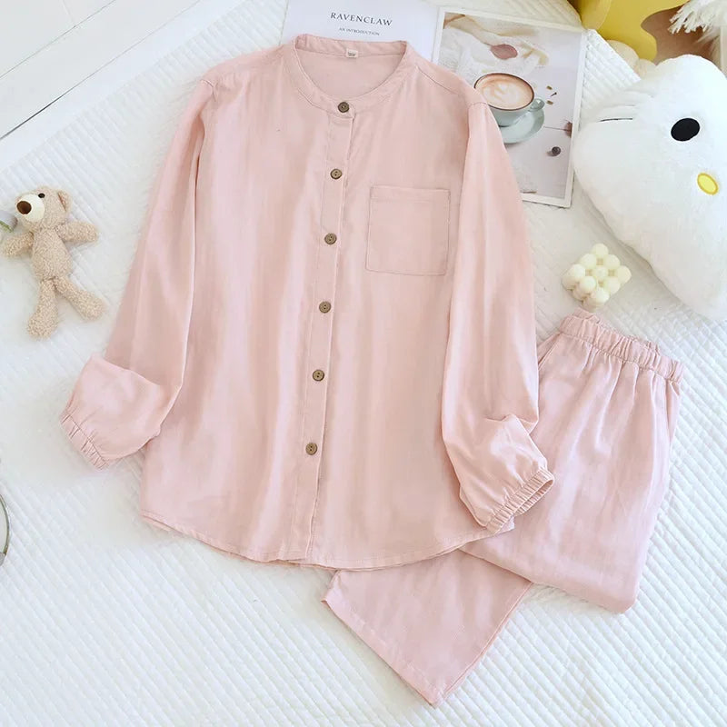 2026 New Spring/Summer Couple's Pajama Set 100% Cotton Simple Men's and Women's Long Sleeve Long Pants Two Piece Home Clothes