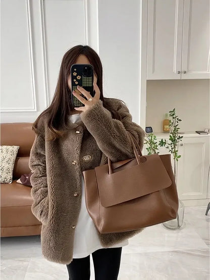 Lamb Fur Jacket for Women Pure Wool Fur Coats Particle Sheep Fleece Gold Buckle Composite Fur Integrated Women's Winter Coat FCY