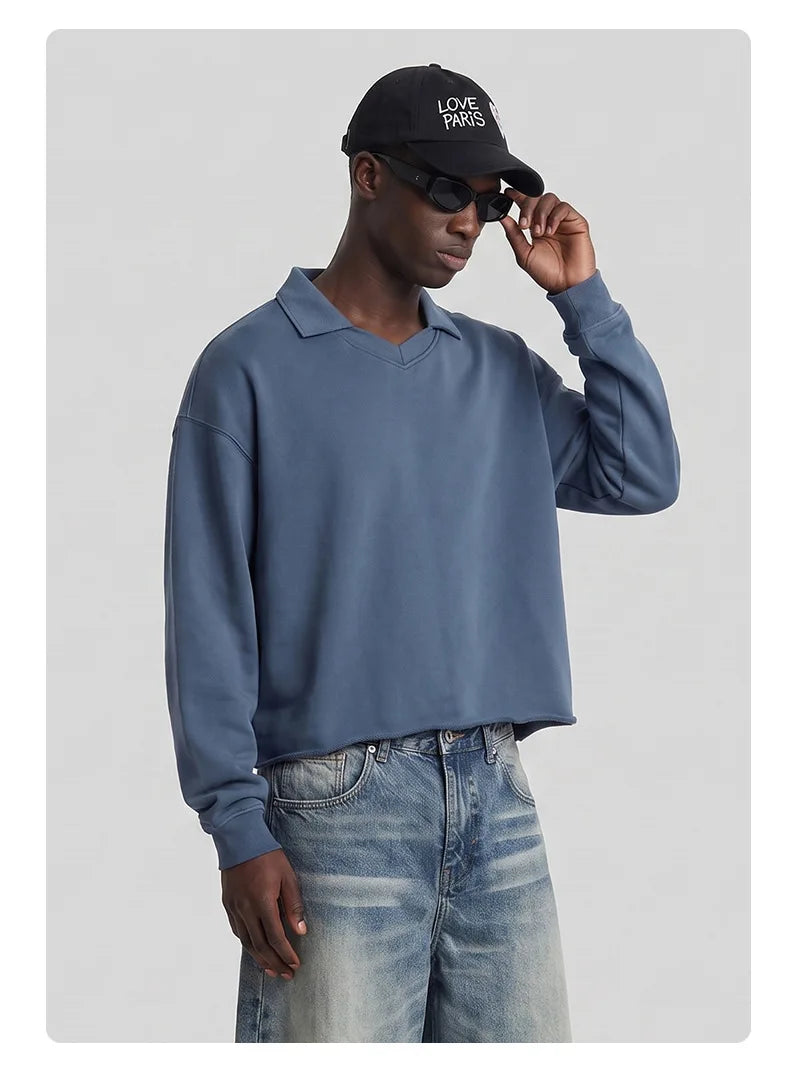 Custom LOGO men's clothing 380G old money wind 100% cotton BOXY short and wide washed old small V-neck curling terry sweater