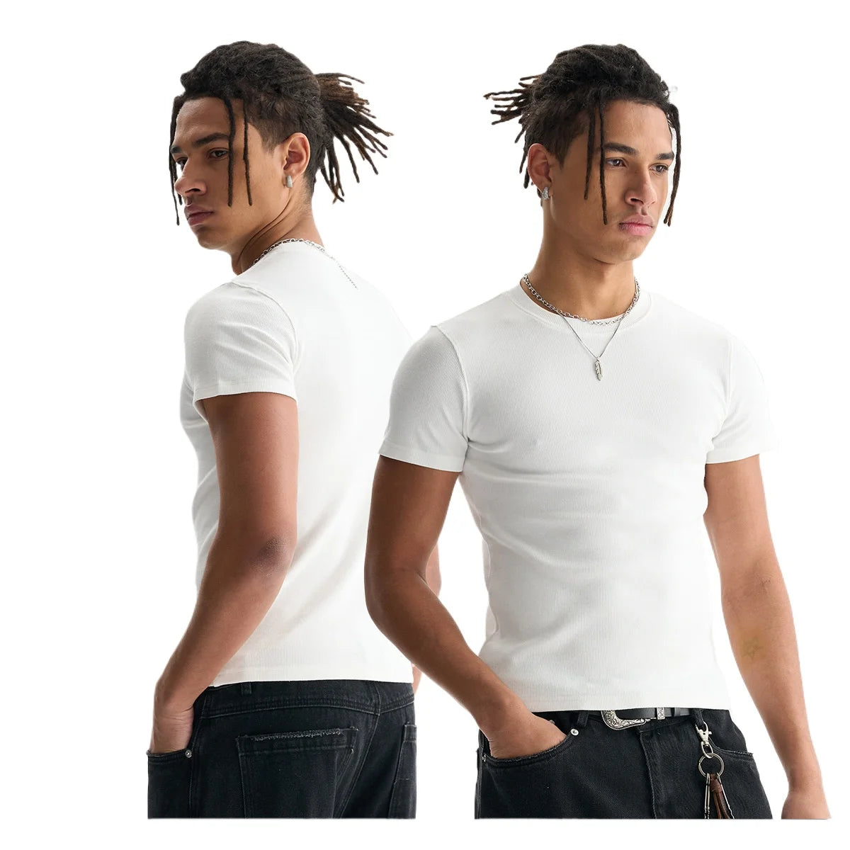 Custom LOGO Men's High Quality Skinny Short Threaded Short Sleeve T-Shirt Elastic Casual Sports Top