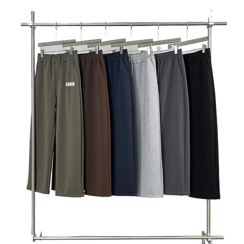 Personalized LOGO custom men's 320G cotton polyester vertical wide-leg pants drawstring elastic waist casual straight trousers