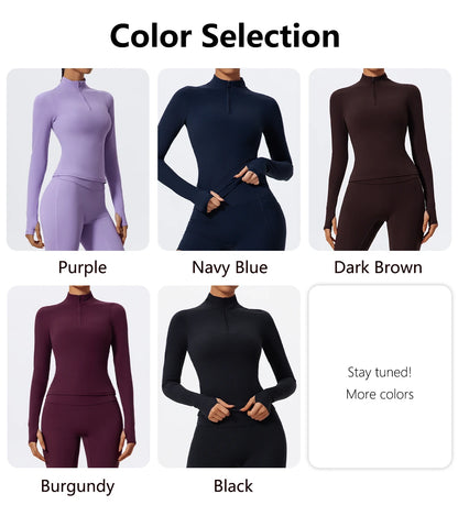 Hearuisavy Half Zipper High Collar Sports Shirts Quick-Dry Yoga Clothing Women Sportswear Fitness Long Sleeve Tight Clothes