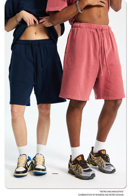 Custom LOGO men's new washed 420G European and American 100% cotton retro terry couple casual sports shorts