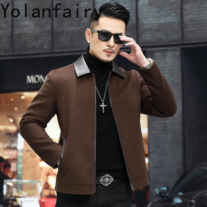 YOLANFAIRY Casual Wool Coats for Men Spring Autumn Fashion Short Woolen Coat Man Clothing Spliced Genuine Leather Mens Jacket