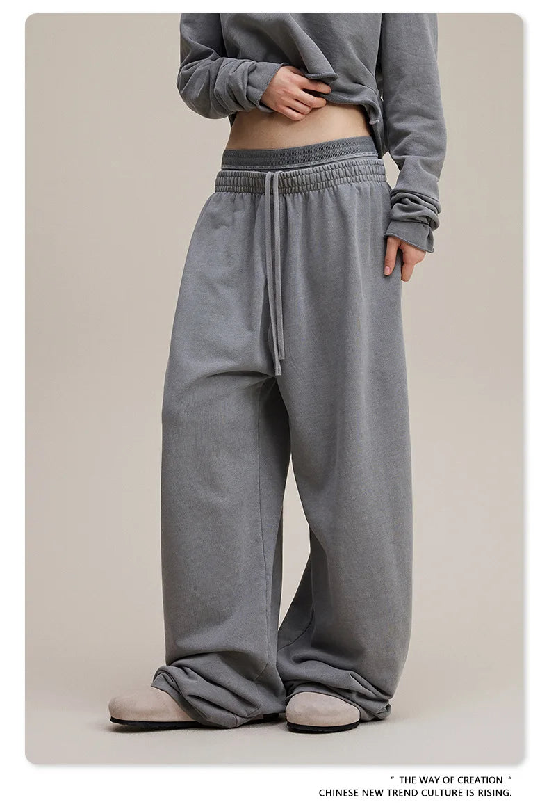 Custom LOGO Women's 2025 Spring and Autumn 370G Heavy 100% Cotton Retro Style Old and Skinny Double Waist Casual Straight Pants