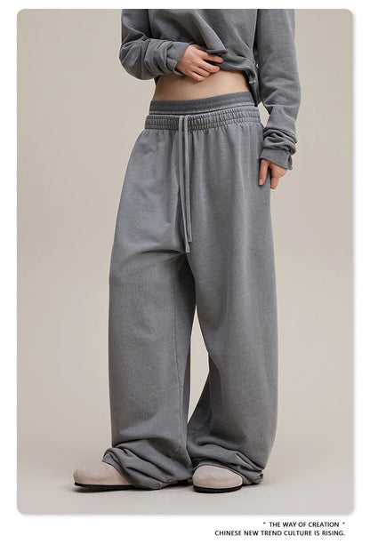 Custom LOGO Women's 2025 Spring and Autumn 370G Heavy 100% Cotton Retro Style Old and Skinny Double Waist Casual Straight Pants