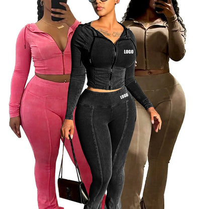 Customized LOGO women's cotton ammonia washed old hooded flared pants elastic two-piece casual suit