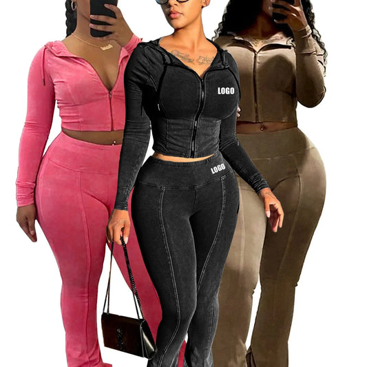 Customized LOGO women's cotton ammonia washed old hooded flared pants elastic two-piece casual suit