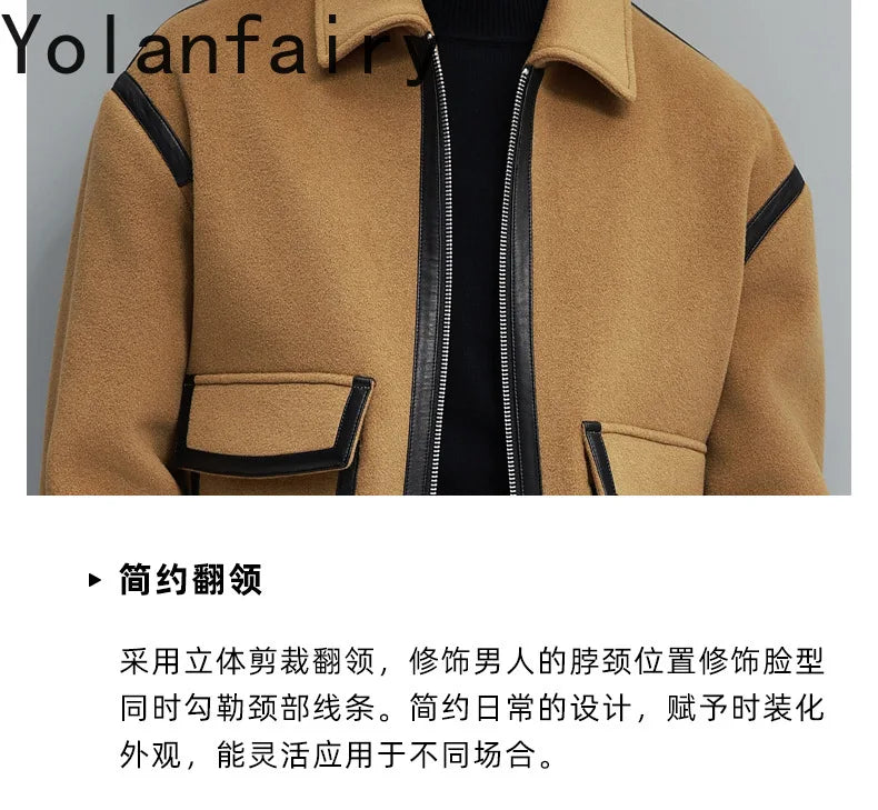 YOLANFAIRY Real Sheepskin Leather Patchwork Wool Coat for Men Autumn Trendy Short Cashmere Jacket Loose Streetwear ropa hombre