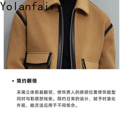 YOLANFAIRY Real Sheepskin Leather Patchwork Wool Coat for Men Autumn Trendy Short Cashmere Jacket Loose Streetwear ropa hombre