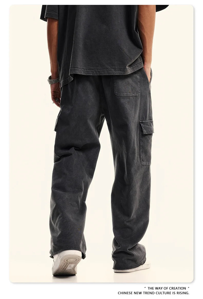 Custom LOGO Men's 358G Spring Summer 100% Cotton New Teen Thin Multi-Pocket American Retro Washing Tooling Casual Couple Pants