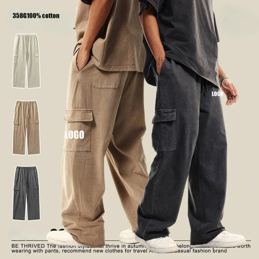 Custom LOGO Men's 358G Spring Summer 100% Cotton New Teen Thin Multi-Pocket American Retro Washing Tooling Casual Couple Pants