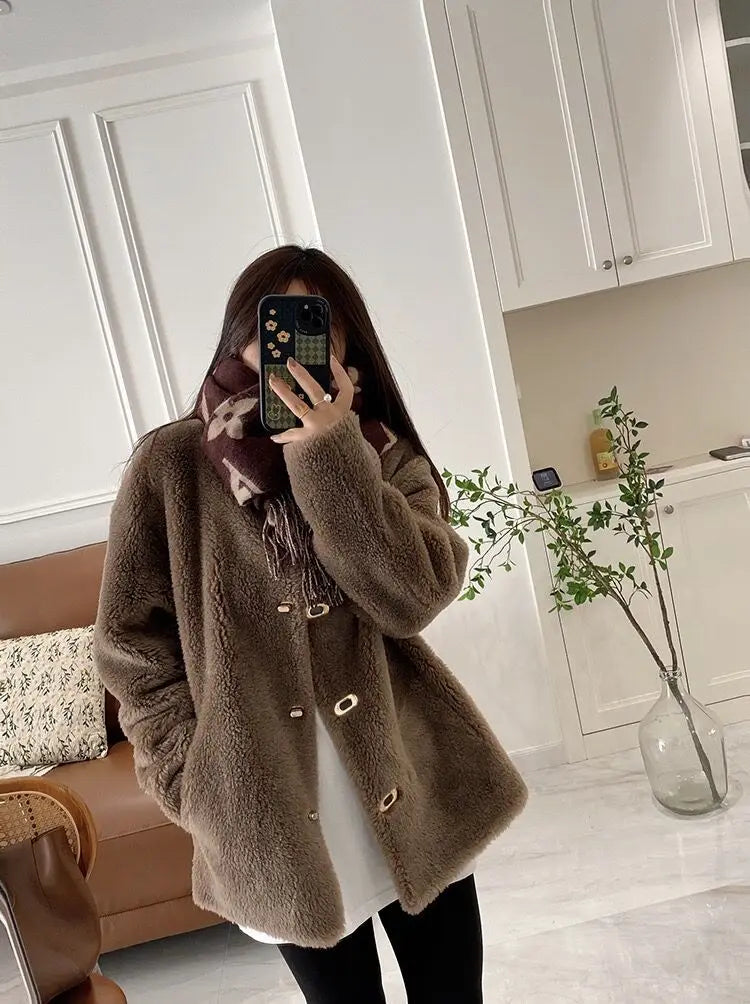Lamb Fur Jacket for Women Pure Wool Fur Coats Particle Sheep Fleece Gold Buckle Composite Fur Integrated Women's Winter Coat FCY
