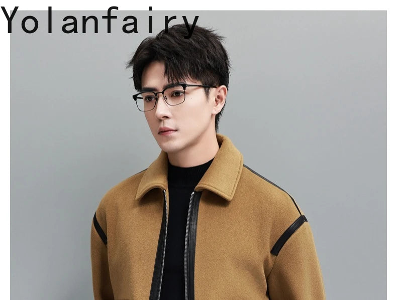 YOLANFAIRY Real Sheepskin Leather Patchwork Wool Coat for Men Autumn Trendy Short Cashmere Jacket Loose Streetwear ropa hombre