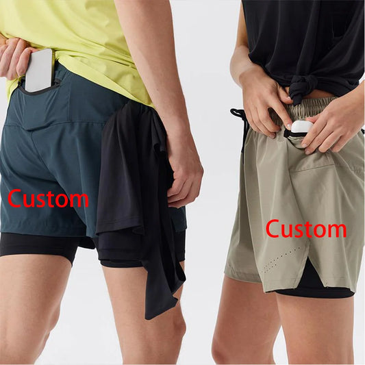 #51147-XIYU Custom LOGO Print Men's Running Shorts Quick-drying Fitness Black Double Layer Men New Sport Workout Training Short