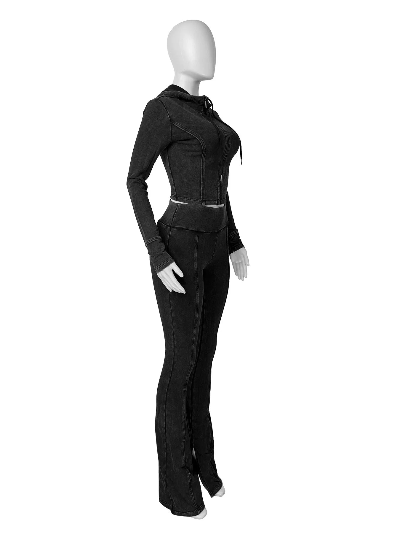 Customized LOGO women's cotton ammonia washed old hooded flared pants elastic two-piece casual suit