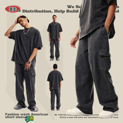 Custom LOGO Men's 358G Spring Summer 100% Cotton New Teen Thin Multi-Pocket American Retro Washing Tooling Casual Couple Pants