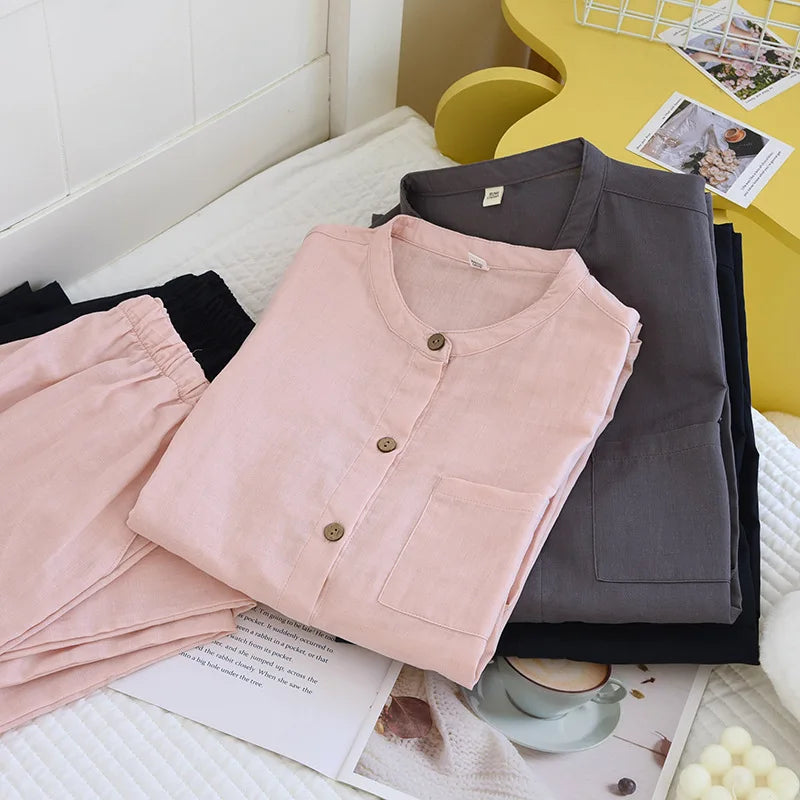 2026 New Spring/Summer Couple's Pajama Set 100% Cotton Simple Men's and Women's Long Sleeve Long Pants Two Piece Home Clothes