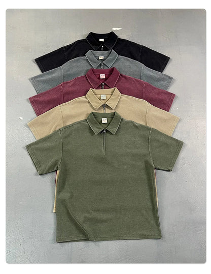 Custom LOGO Men's 2026 New Polo Shirt 325G Cotton Polyester YKK Zipper Batik Waffle Wash Old Short Sleeve T-Shirt