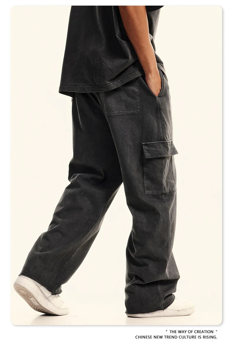 Custom LOGO Men's 358G Spring Summer 100% Cotton New Teen Thin Multi-Pocket American Retro Washing Tooling Casual Couple Pants
