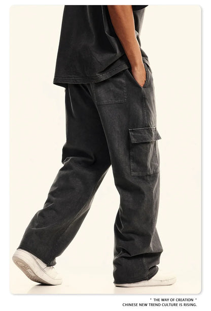 Custom LOGO Men's 358G Spring Summer 100% Cotton New Teen Thin Multi-Pocket American Retro Washing Tooling Casual Couple Pants